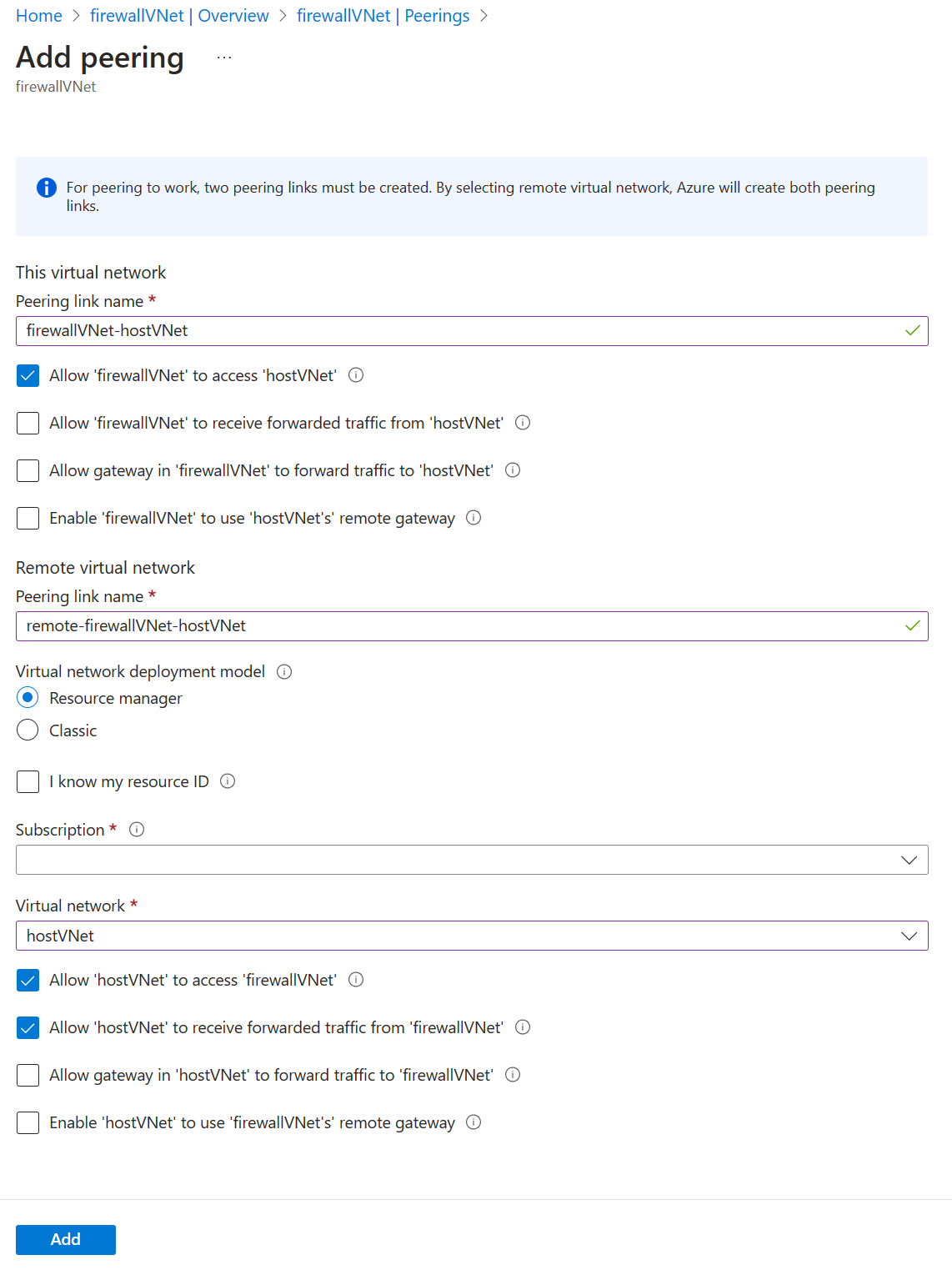 Screenshot showing the information to include when adding a peering.