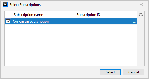 Screenshot of the Select Azure Subscription dialog.