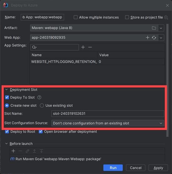 Screenshot of deploying to a specific deployment slot.