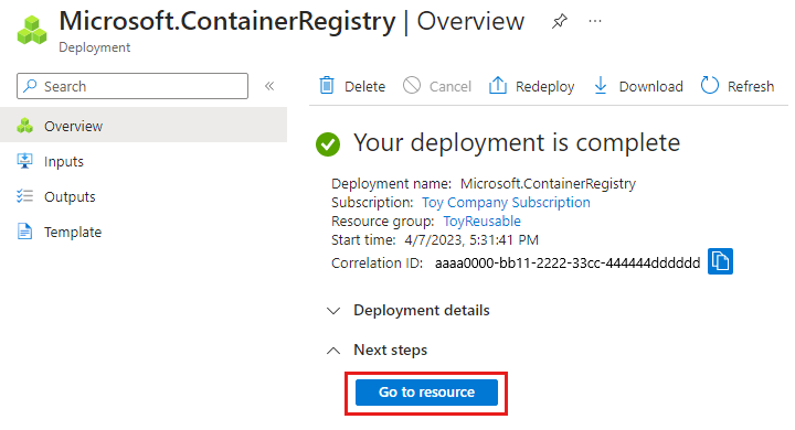 Screenshot of the Azure portal that shows the container registry deployment, with the button for going to a resource highlighted.