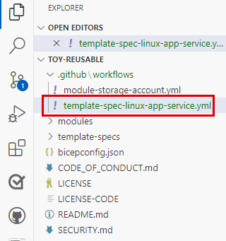 Screenshot of Visual Studio Code that shows the location of the workflow definition file.