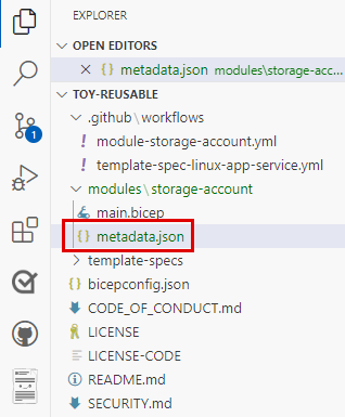 Screenshot of Visual Studio Code that shows the location of the metadata dot J S O N file.