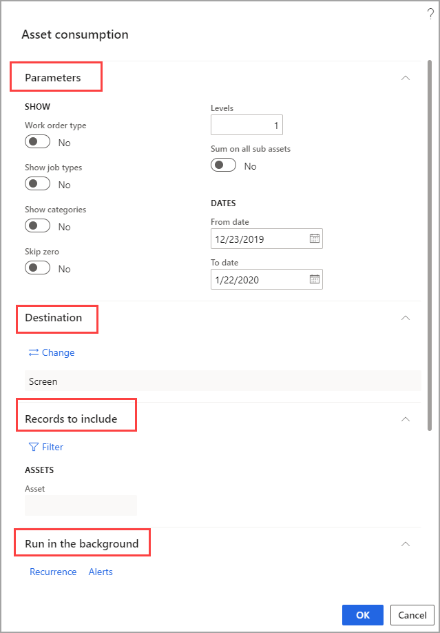 Screenshot of the Asset consumption page with details highlighted.