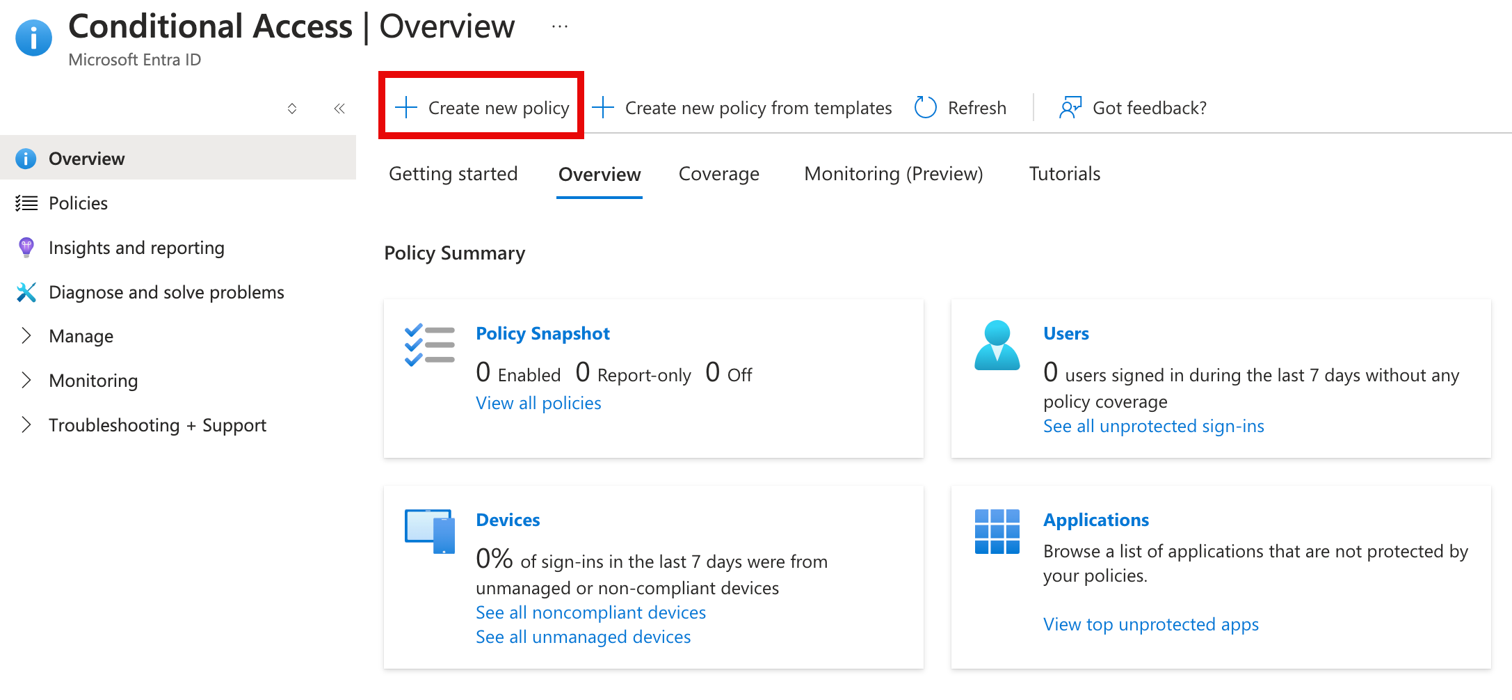 Screenshot highlighting the New Policy button in the Azure portal.