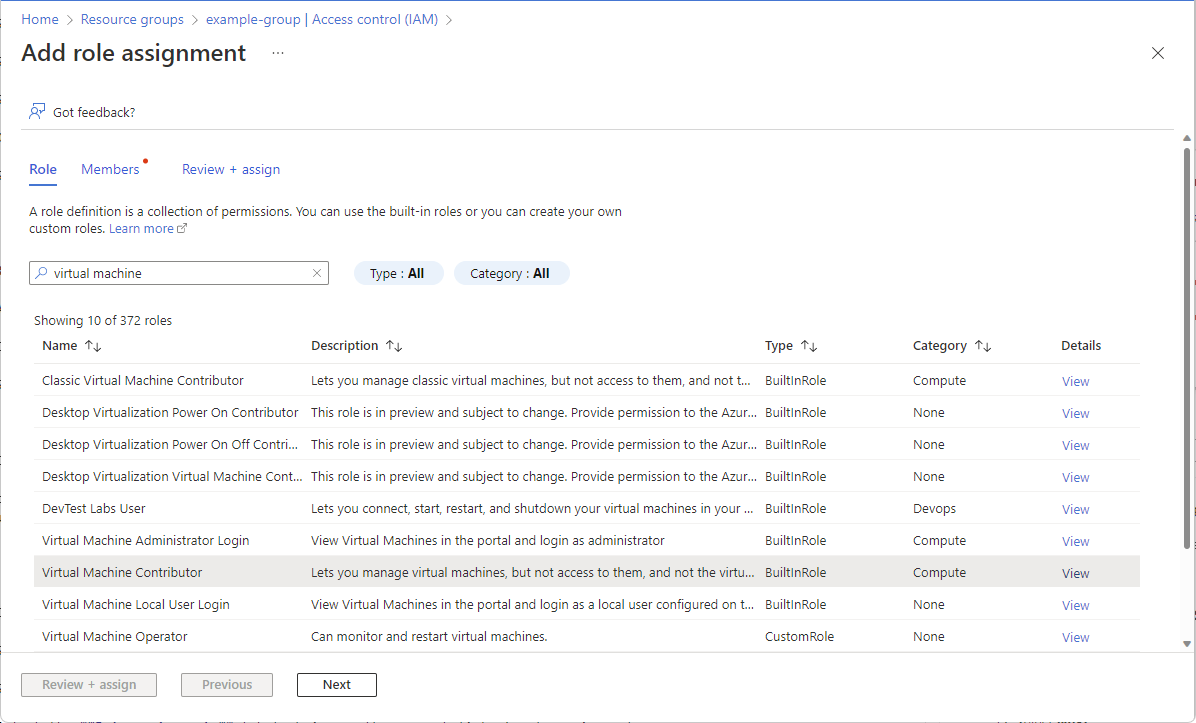 Screenshot that shows Add role assignment and list of roles.