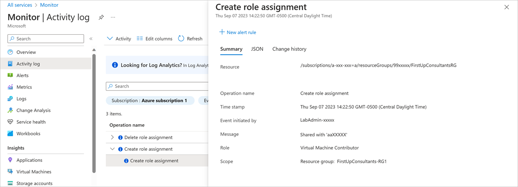 Screenshot showing the details for an activity log.