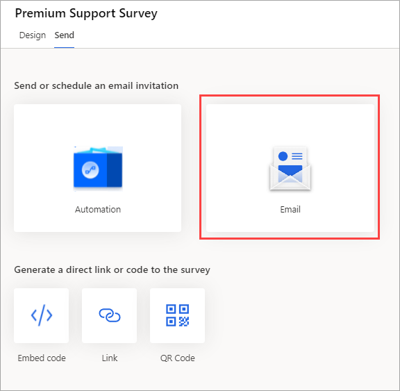 Screenshot showing the Send tab on a survey in Dynamics 365 Customer Voice. The Email option is highlighted.