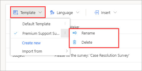 Screenshot shows the Template menu open on a survey with the Premium Support Survey template selected. The menu options to Rename or Delete the template are highlighted.