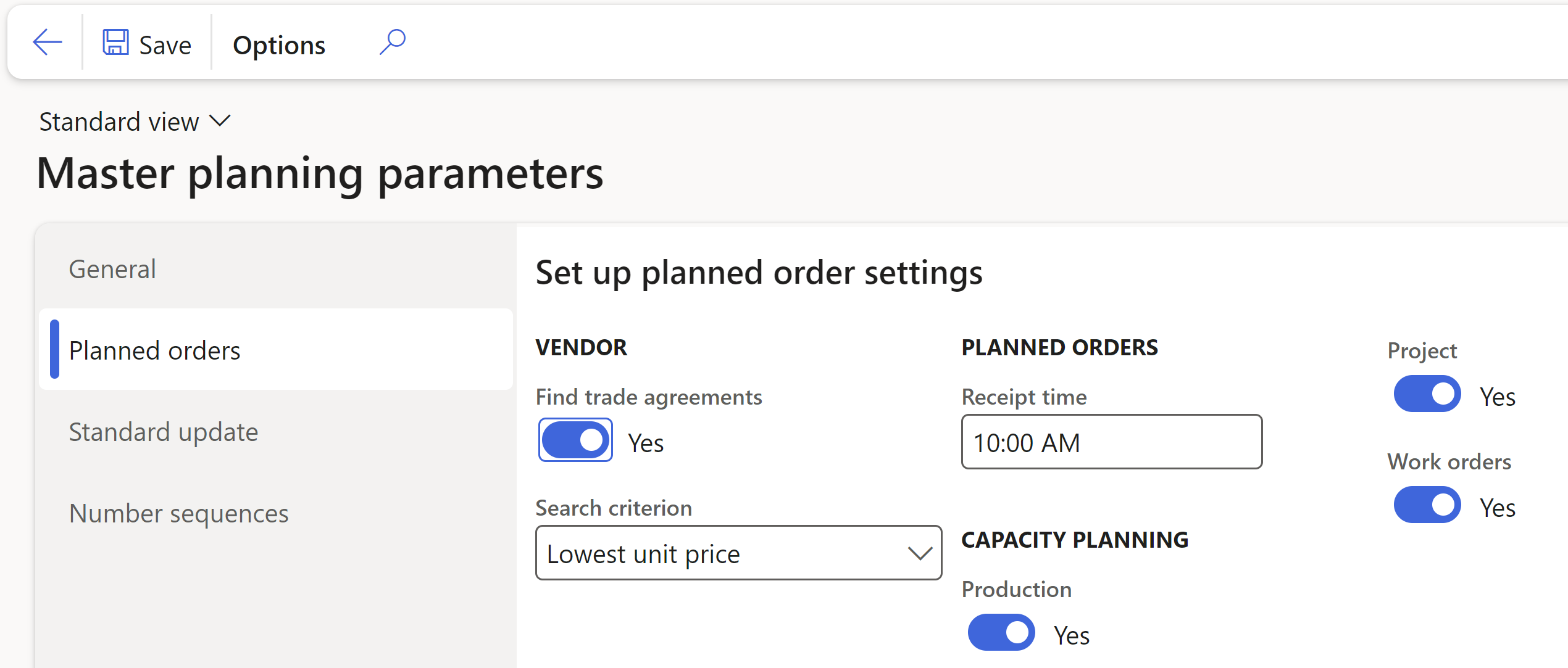 Screenshot of the Set up planned order settings page.