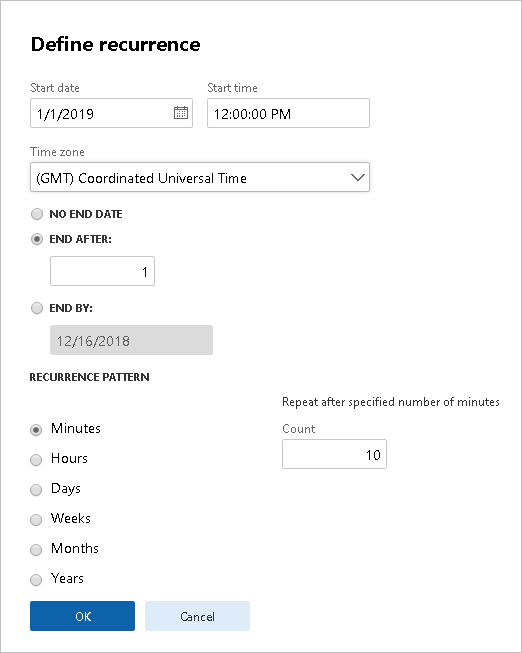 Screenshot of the Define recurrence dialog box.