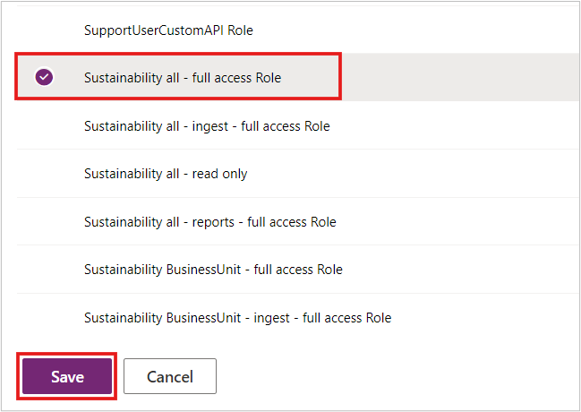 Screenshot of the Manage security roles page with the Sustainability all – full access Role assigned.