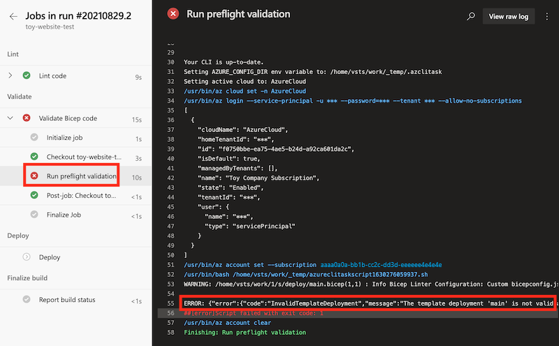 Screenshot of the pipeline log for the Validate stage, with the step for running preflight validation highlighted.