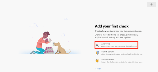 Screenshot of the Azure DevOps interface that shows the page for adding a check, with the Approvals item highlighted.
