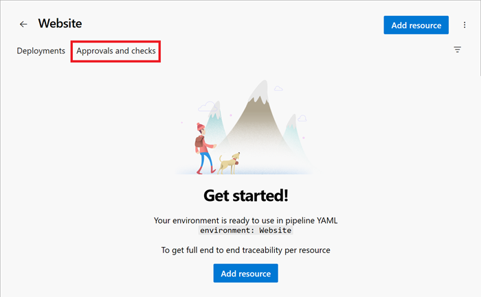 Screenshot of the Azure DevOps interface that shows the Website environment, with the Approvals and checks tab highlighted.