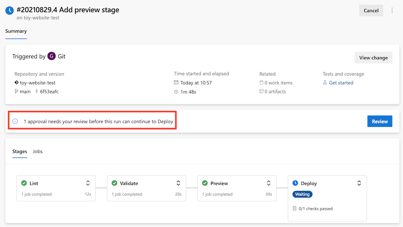 Screenshot of the Azure DevOps interface that shows the pipeline run, with the approval requirement highlighted.