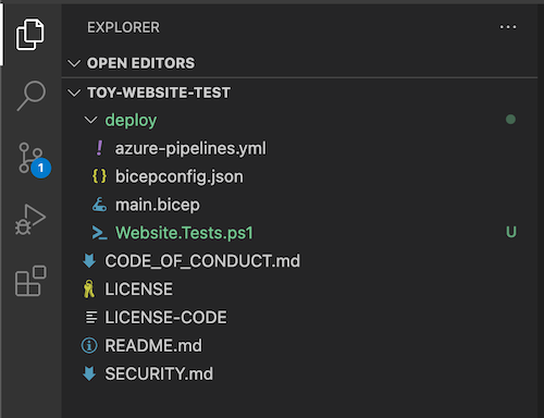 Screenshot of Visual Studio Code Explorer, with the deploy folder and the test file shown.