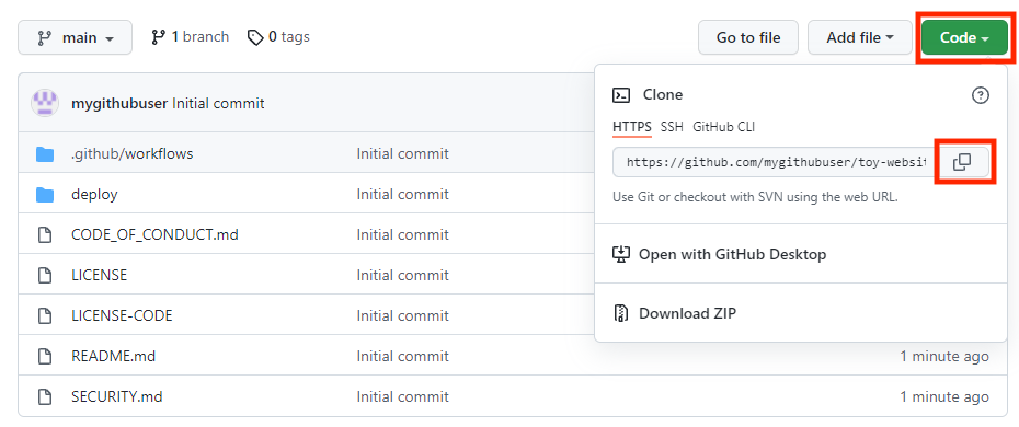 Screenshot of the GitHub interface showing the new repository, with the repository U R L copy button highlighted.