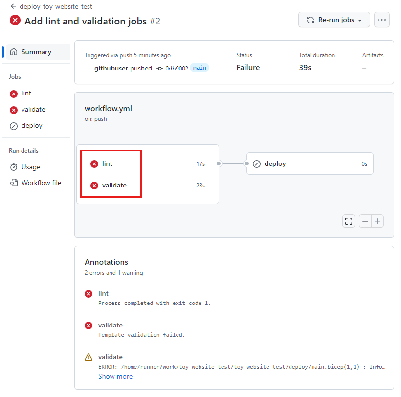 Screenshot of a workflow run in GitHub Actions, with the Lint and Validate jobs reporting failure.