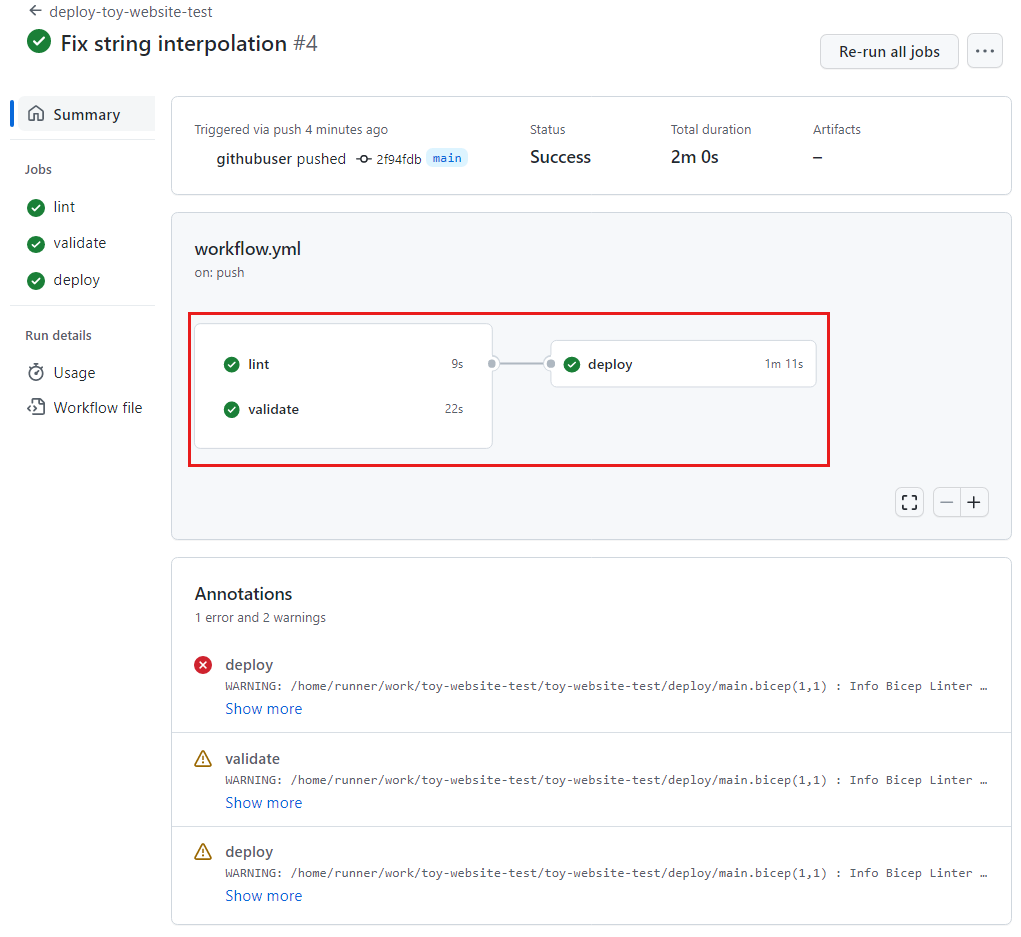 Screenshot of the workflow run in GitHub Actions, with all three jobs reporting success.