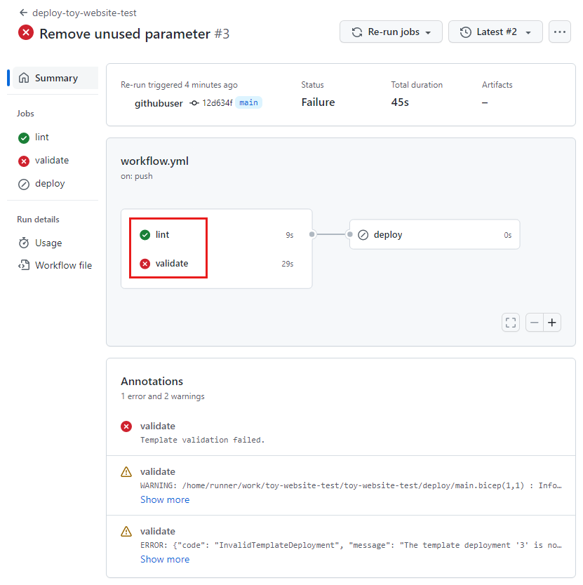 Screenshot of the workflow run, with the Lint job reporting success and the Validate job reporting failure.