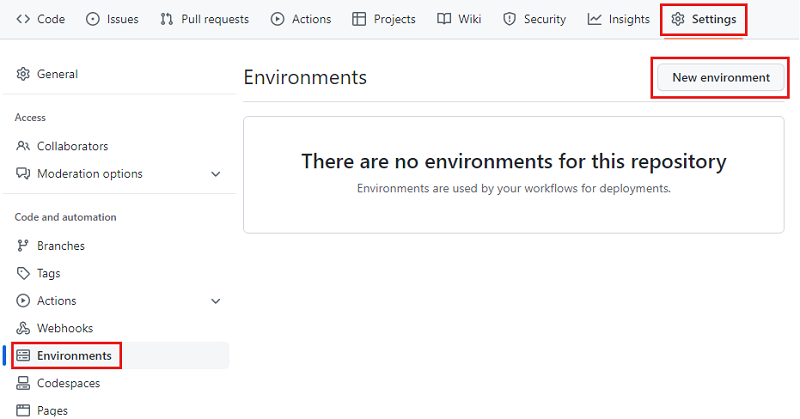 Screenshot of the GitHub interface that shows the Environments page, with the button for creating an environment highlighted.