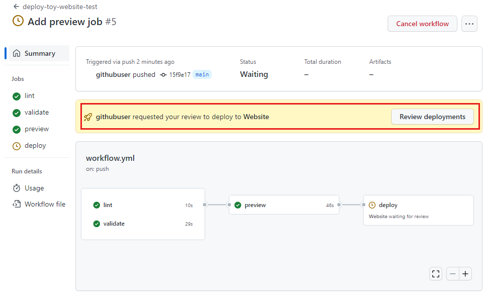 Screenshot of the GitHub interface that shows the workflow run, with the review requirement highlighted.