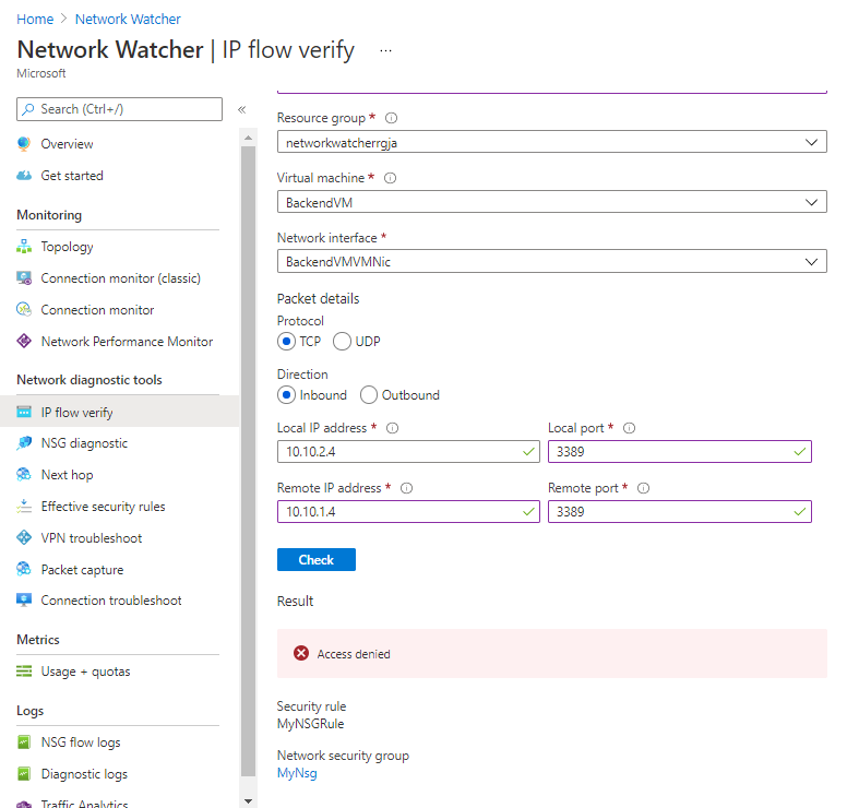 Screenshot showing an IP flow test.