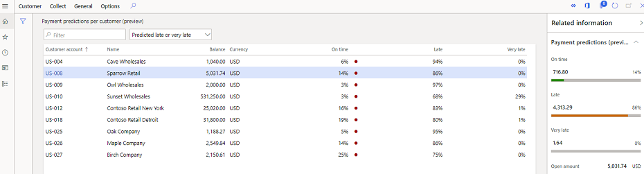 Screenshot showing payment predictions per customer.