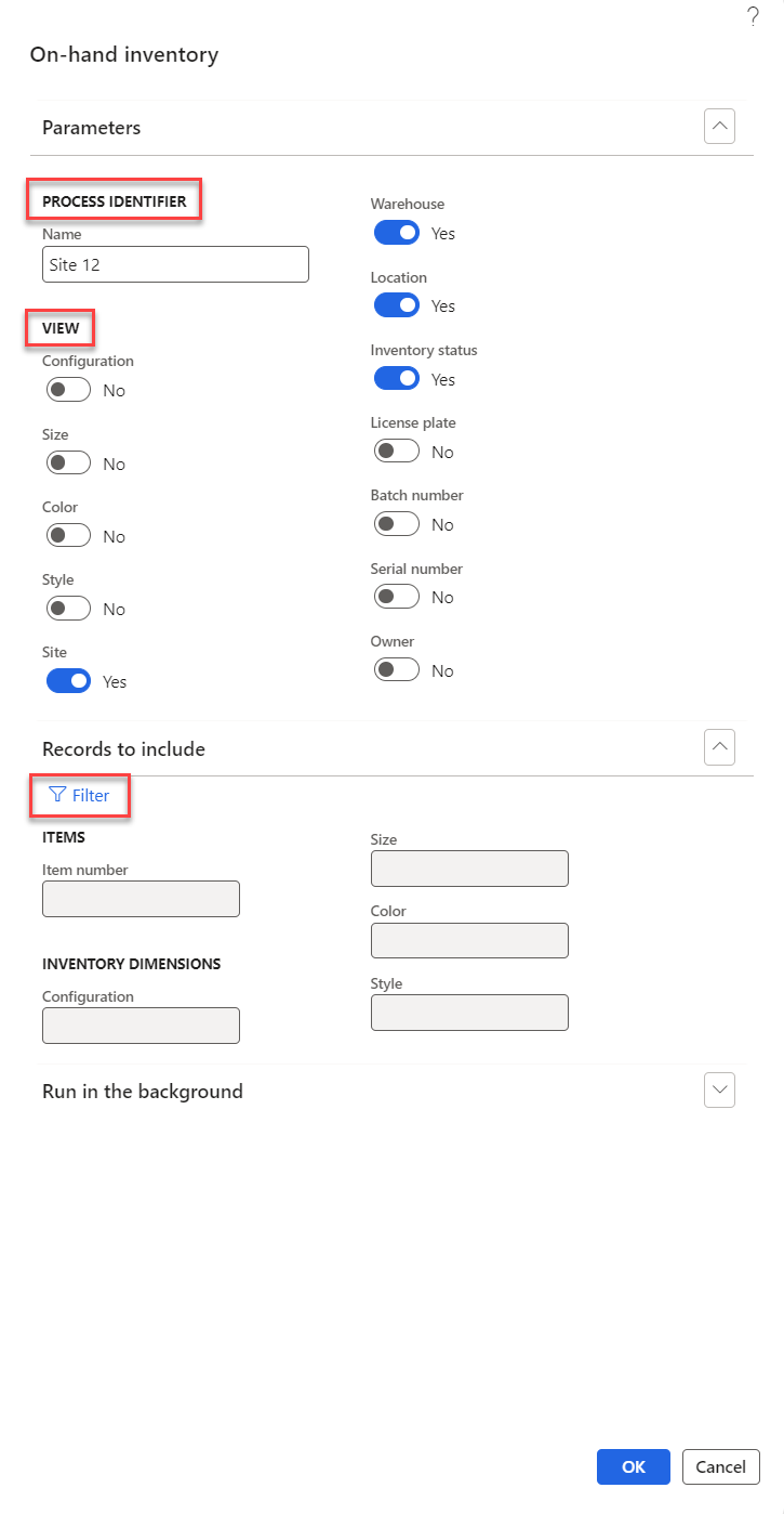 Screenshot showing the parameters for the Inventory On-hand report storage report.