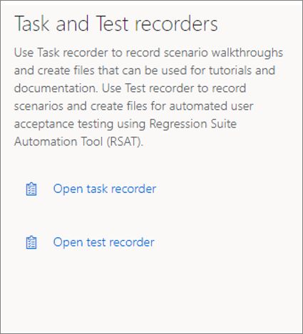 Screenshot of the Task and Test recorders page showing the Open test recorder option.