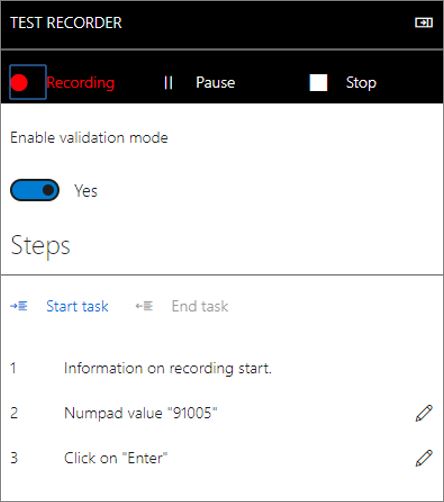 Screenshot of the Test recorder page showing information and controls for recording.