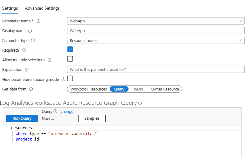 Screenshot that shows the web app parameter in a workbook.