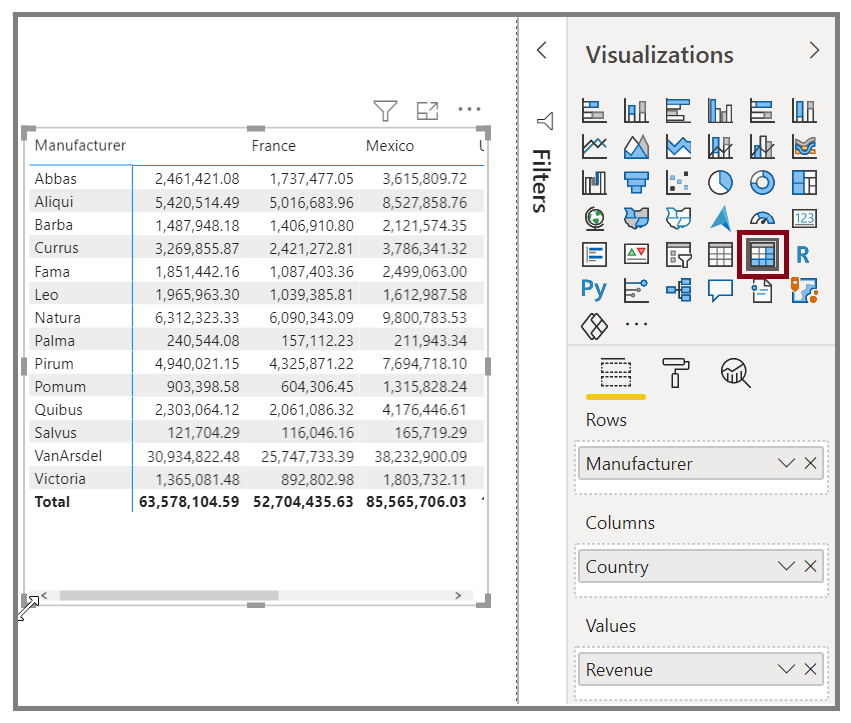 Image of the Matrix button in the Visualizations pane and the resulting matrix.