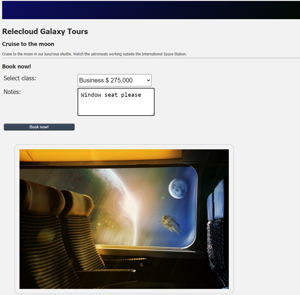 Screenshot of the completed form showing business class selected, and a request entered in the Notes field.