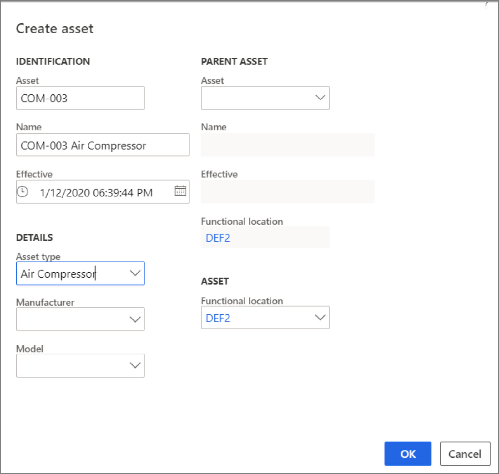 Screenshot of the Create asset dialog box.