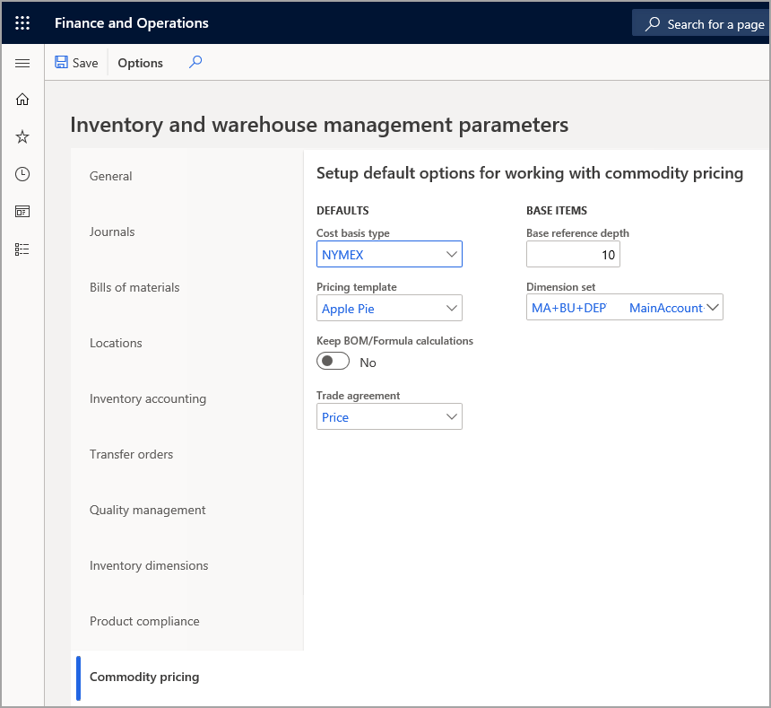 Screenshot of the Setup default options for working with commodity pricing parameters.