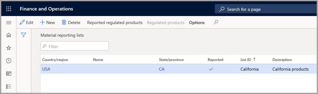 Screenshot of the Reported regulated products regional list.