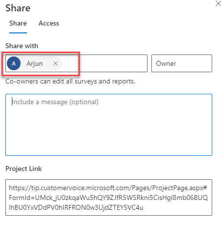 In the Share dialog, Share with is set to Arjun. Co-owners can edit all surveys and reports.