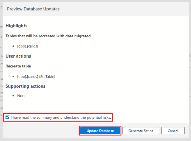 Screenshot showing how to click the Update Database button to submit the changes to the cards table to the database containing constraints.