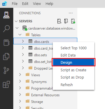 Screenshot showing how to right-click the cards table in the connections navigator and select Design.