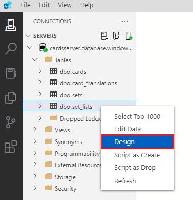 Screenshot showing how to right click on the set_lists table and select Design.