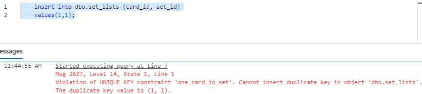 Screenshot showing an error stopping duplicate data being inserted using the unique constraint.