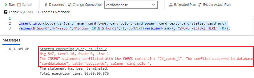 Screenshot showing how the query violated the rule for card_color by passing in brown.