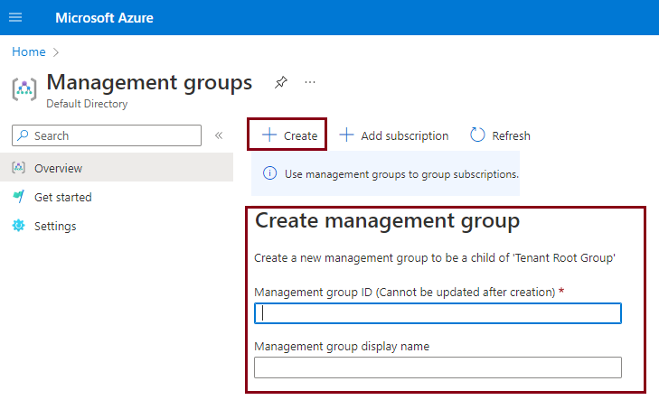 Screenshot that shows how to create a management group in the Azure portal.