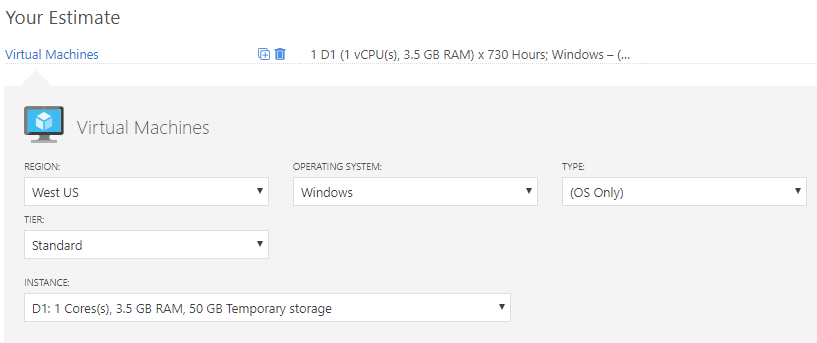 Screenshot of the Pricing Calculator with estimates for an instance of a D1 series VM on Windows. The instance is running in the West US region at the standard tier level.