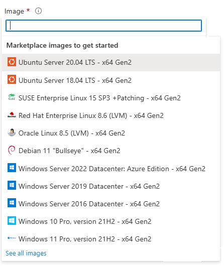 Screenshot that shows disk images for virtual machines in Azure Marketplace.