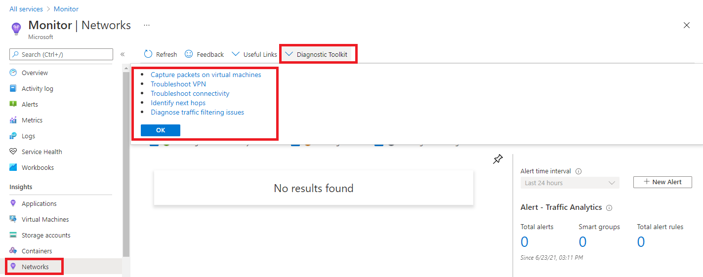 Screenshot of Azure Monitor Network Insights, with the Diagnostic Toolkit highlighted.