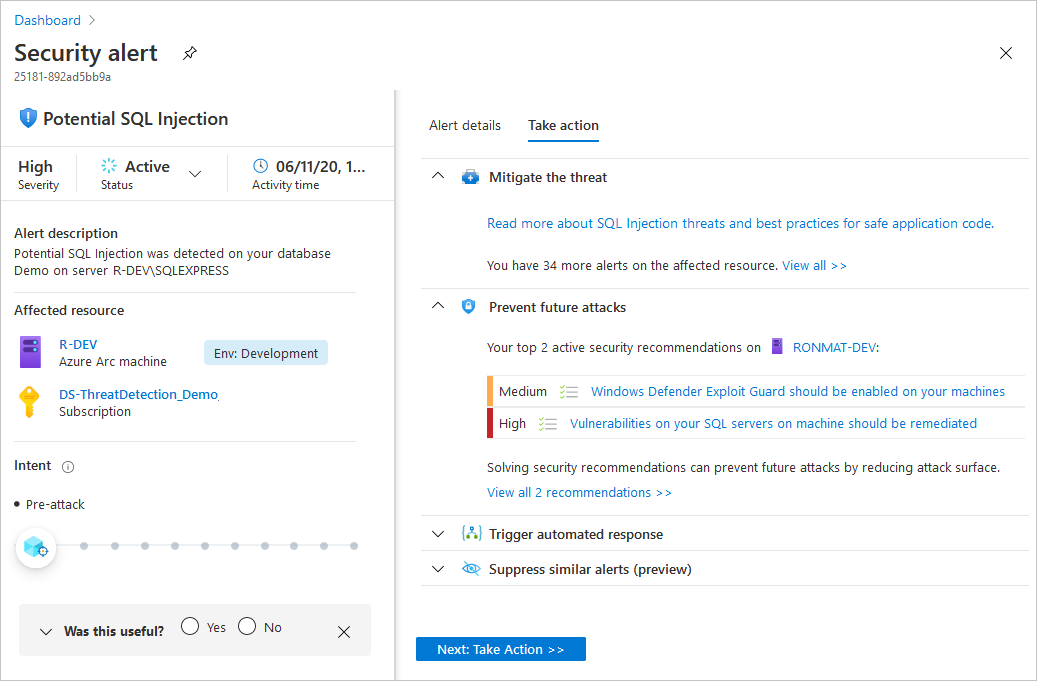 Screenshot of the full details view of a security alert pane.