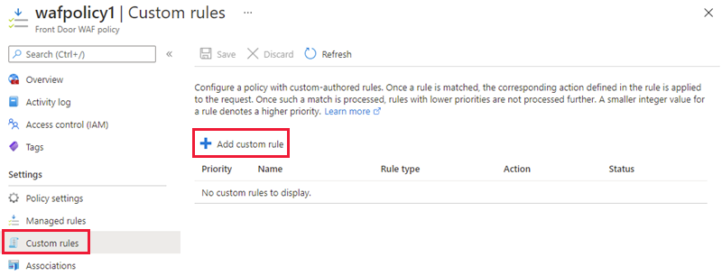 Screenshot of the WAF policy add custom rule.