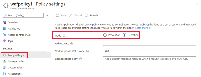 Screenshot of the WAF policy modes.